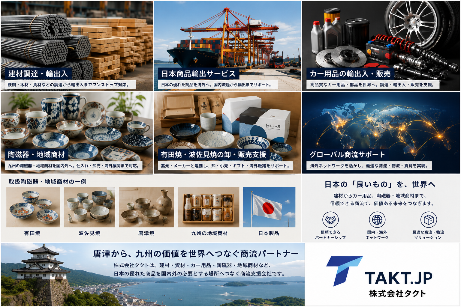 建材調達、陶磁器、カー用品、日本商品輸出などの事業領域